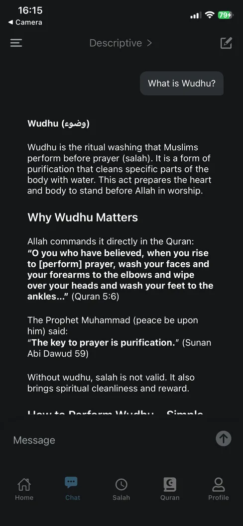 Ilm AI answering a question about wudhu